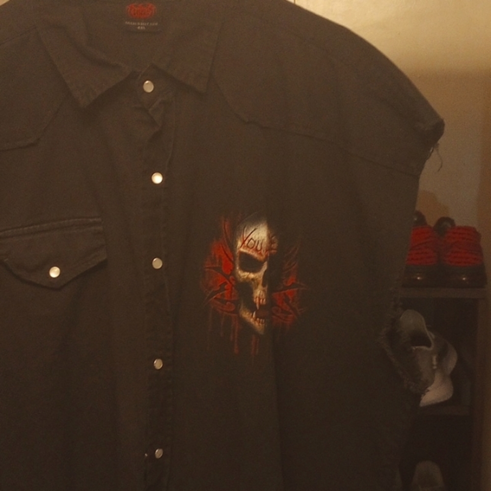 Sleeveless black denim vintage punk rock game over skull vest